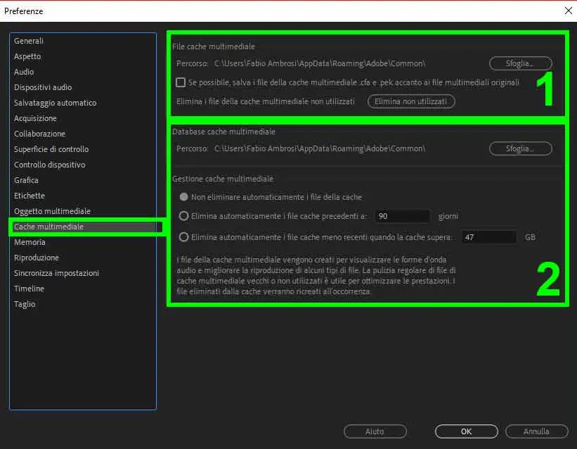 Cache file multimediale Adobe Premiere 2019