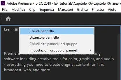 Come chiudere un pannello in Adobe Premiere 2019