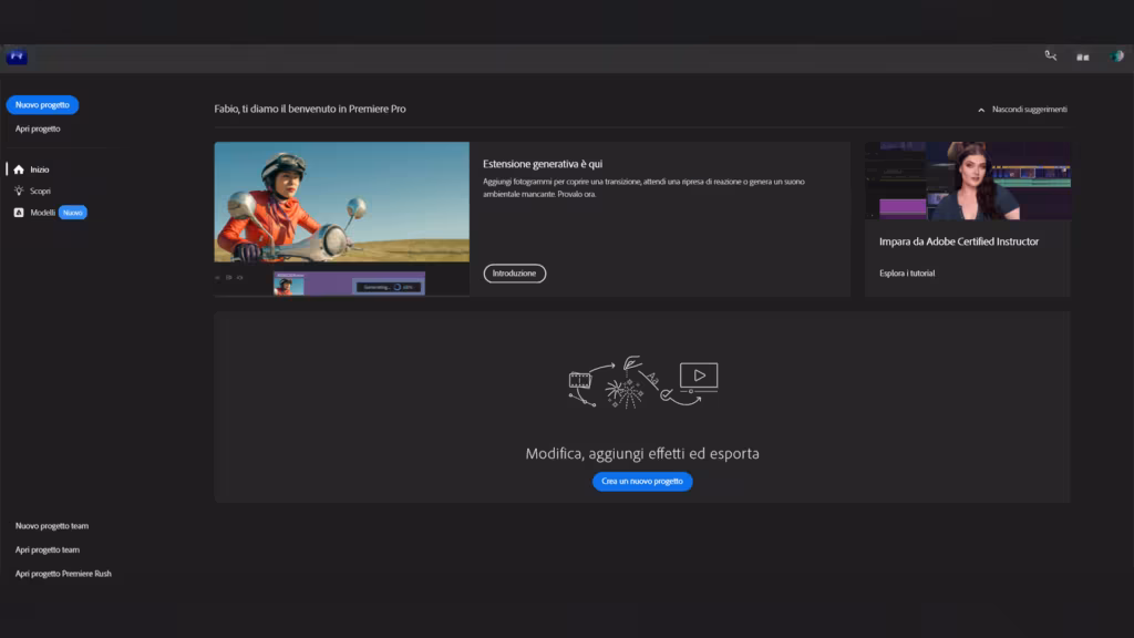Schermata iniziale di Adobe Premiere:  creare un nuovo progetto