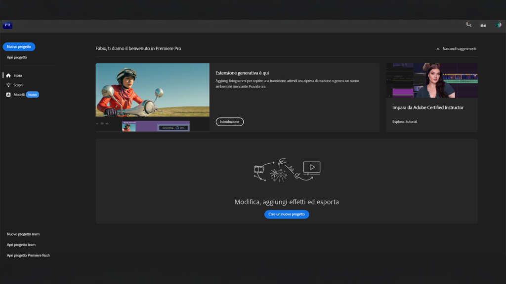 Schermata iniziale di Adobe Premiere Pro CC: creare un nuovo progetto Schermata iniziale di Adobe Premiere: creare un nuovo progetto