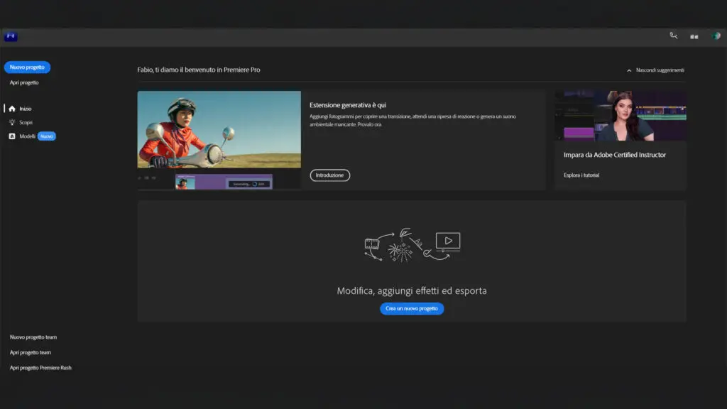 Schermata iniziale di Adobe Premiere Pro CC: creare un nuovo progetto Schermata iniziale di Adobe Premiere: creare un nuovo progetto