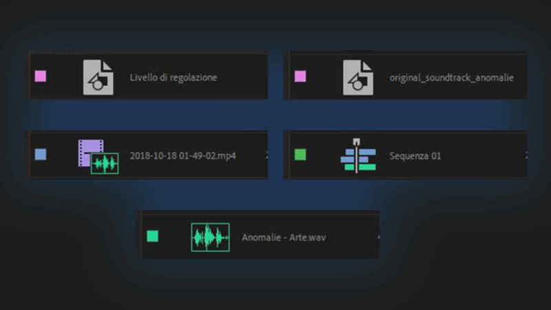 Pannello Progetto Premiere 2019: icone oggetti multimediali Pannello Progetto Premiere 2019: icone oggetti multimediali