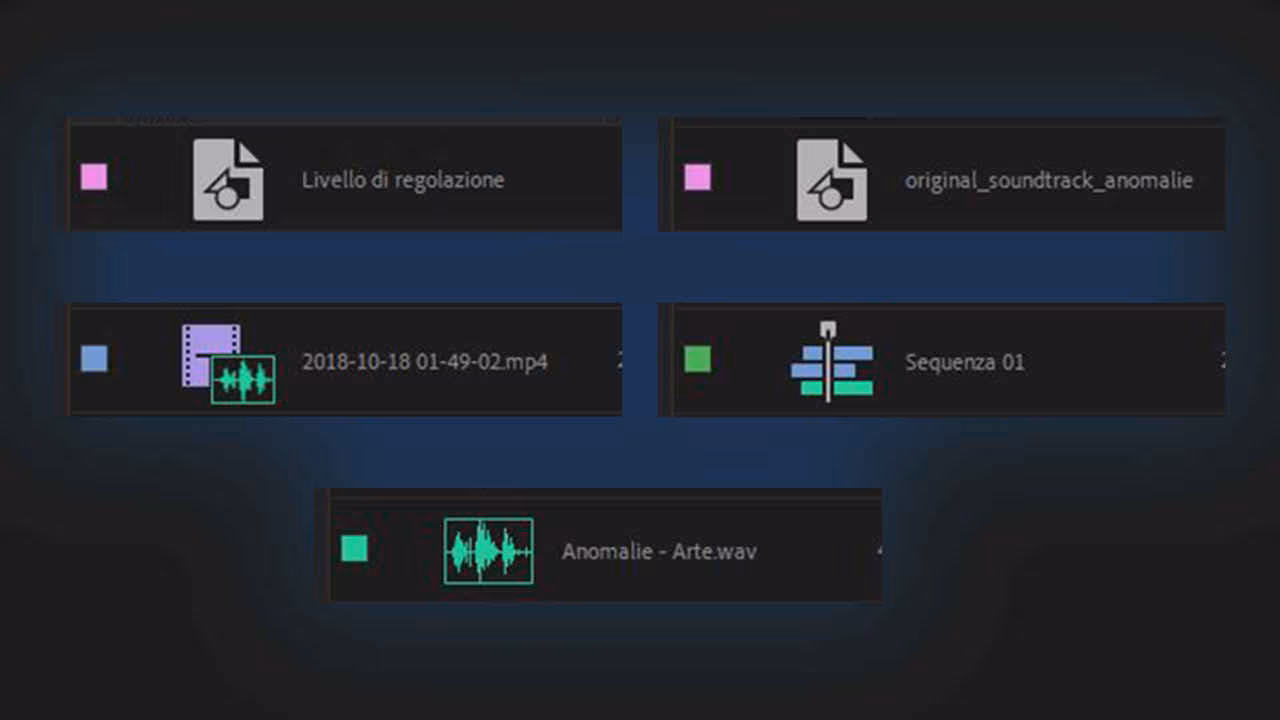 Pannello Progetto Premiere 2019: icone oggetti multimediali