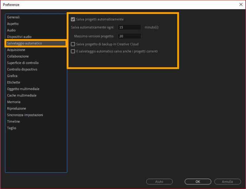 Preferenze e settaggi Adobe Premiere: salvataggi automatici Preferenze e settaggi Adobe Premiere: salvataggi automatici