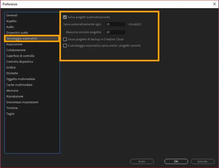 Preferenze e settaggi Adobe Premiere: salvataggi automatici