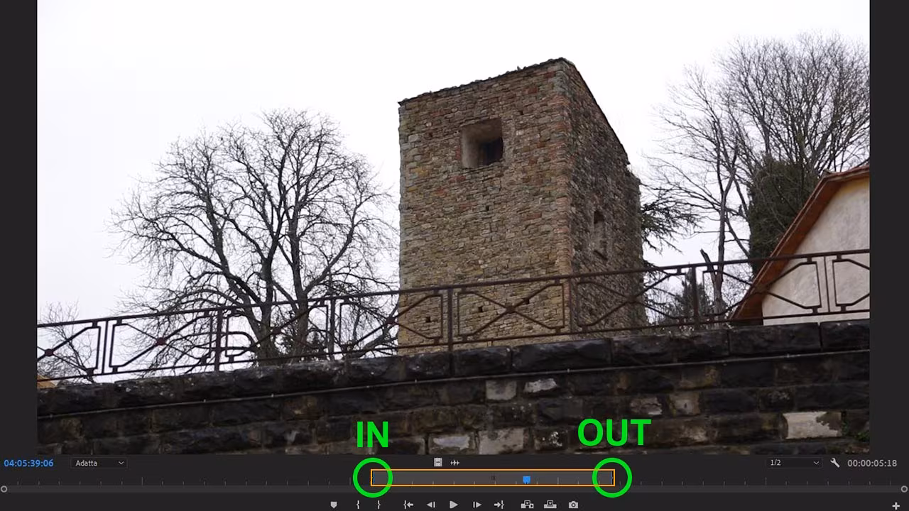 Monitor di anteprima video in Adobe Premiere 2019: IN e OUT