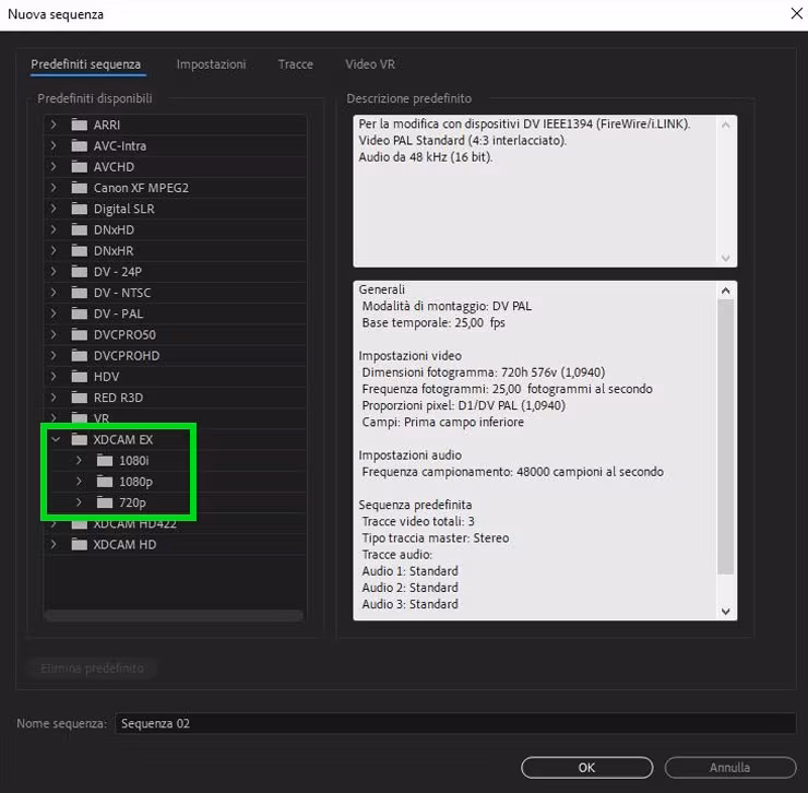 Finestra per la creazione di una nuova timeline (o sequenza) in Adobe Premiere 2019