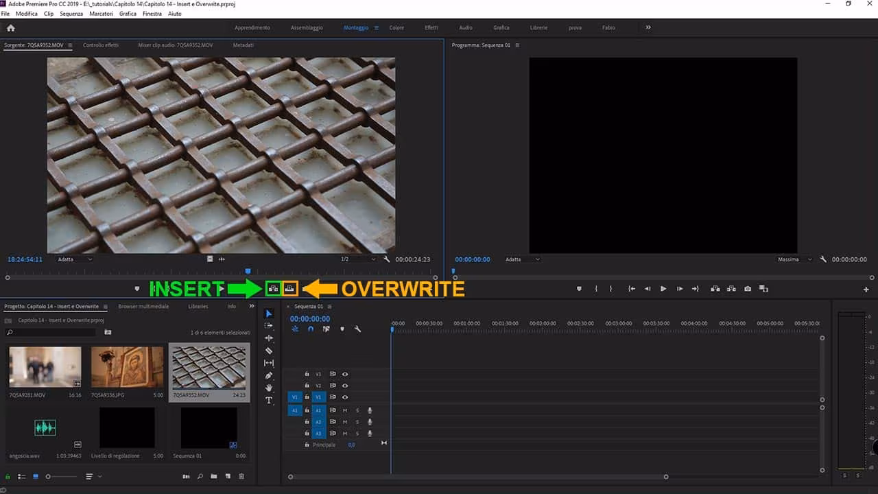 insert e Overwrite in Adobe Premiere 2019: monitor di anteprima