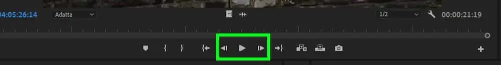 Monitor di anteprima Adobe Premiere 2019: bottoni PLAY - STOP - AVANTI - INDIETRO