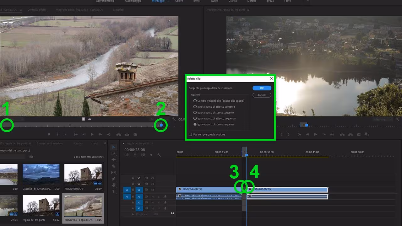La regola dei quattro punti in Adobe Premiere 2019: adattare una clip a una durata