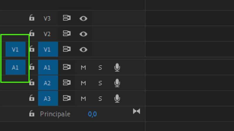 Selettori sorgente video nella timeline di Adobe Premiere 2019 Selettori sorgente video nella timeline di Adobe Premiere 2019
