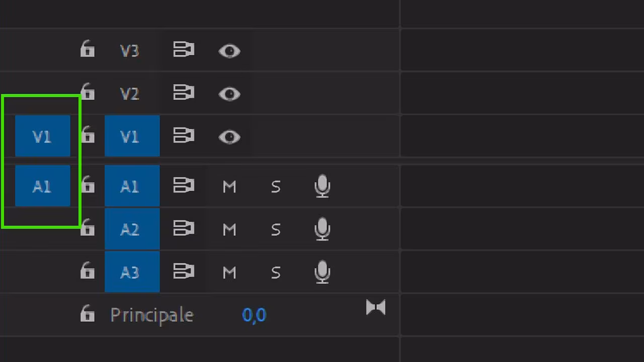 Selettori sorgente video nella timeline di Adobe Premiere 2019
