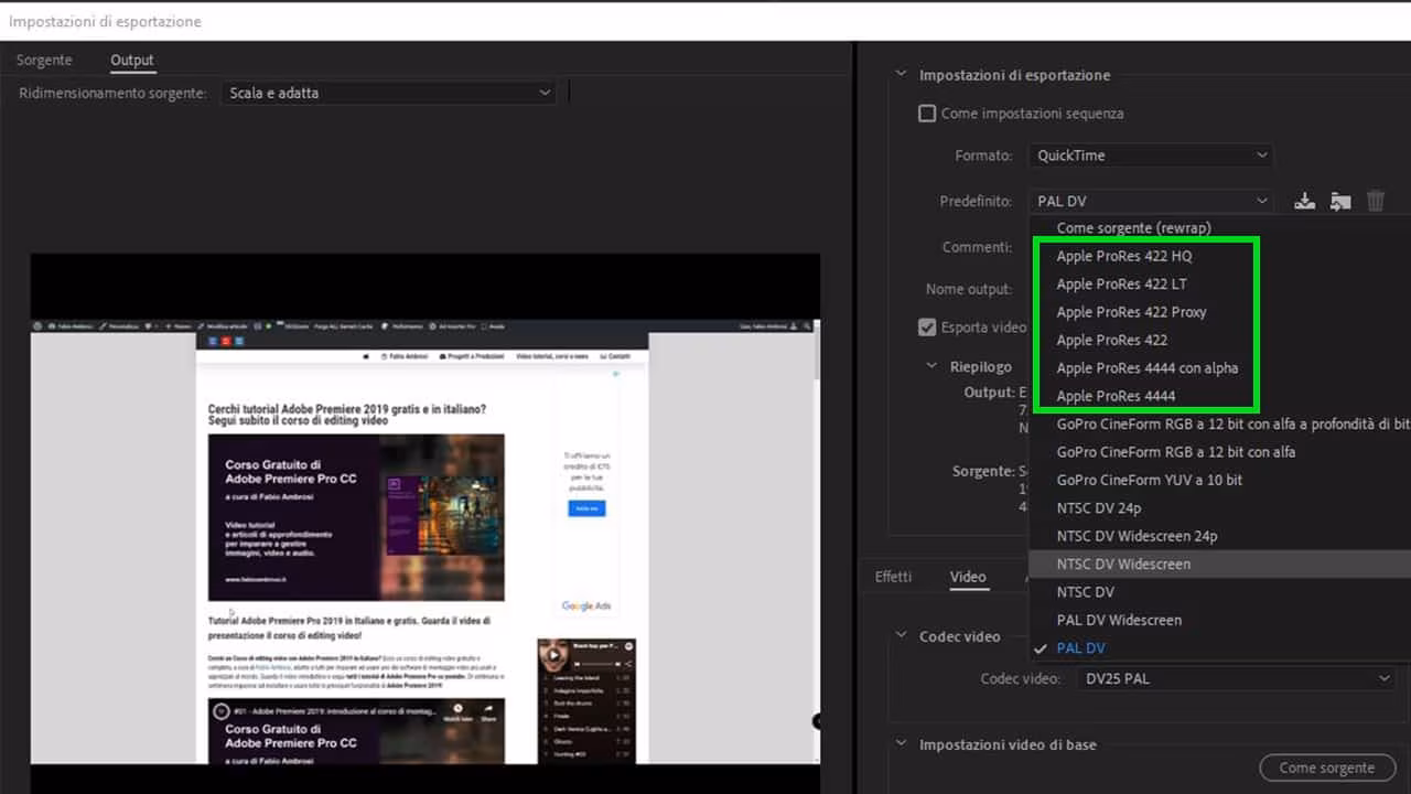 Come si esporta in Apple ProRes con Adobe Premiere 2019 se si utilizza Windows 10?
