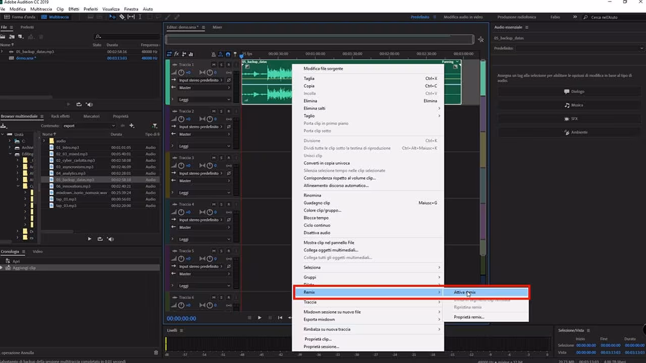 Come abilitare la funzione Remix in Adobe Audition 2019