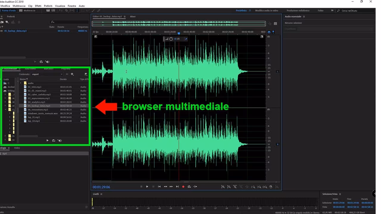 Browser multimediale di Adobe Audition 2019