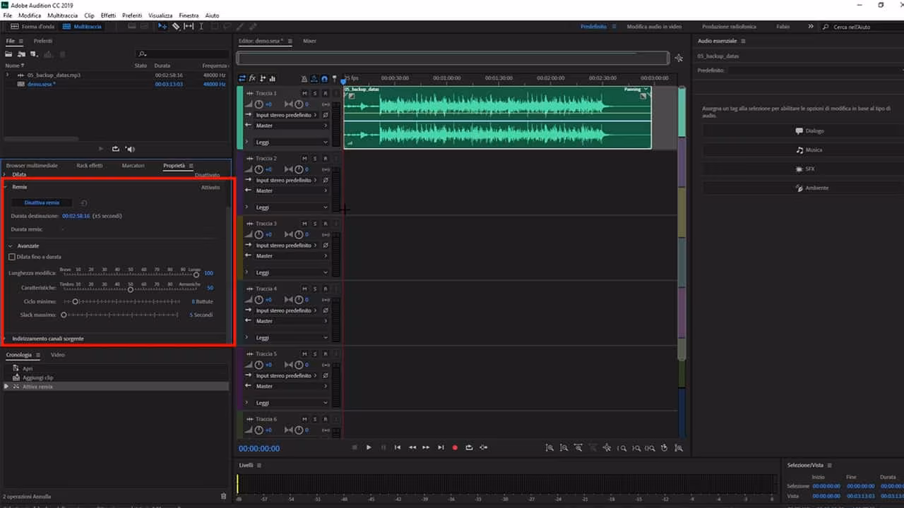 Pannello proprietà funzione remix di Adobe Audition 2019