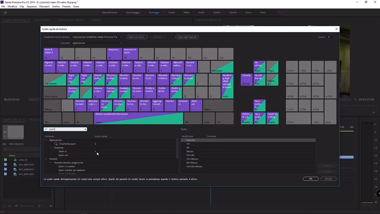 Impostare i tasti di scelta rapida in Adobe Premiere: zoom in e zoom out nella sequenza