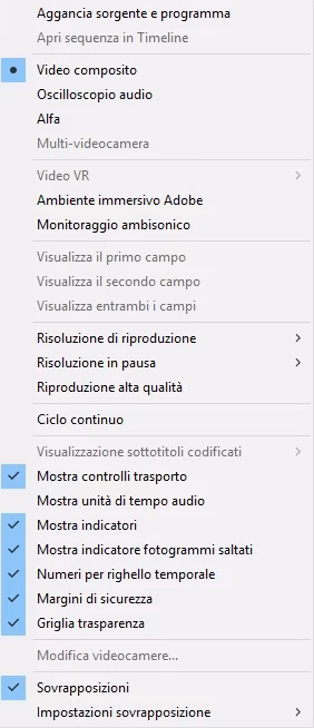 Menu impostazioni monitor di Adobe Premiere