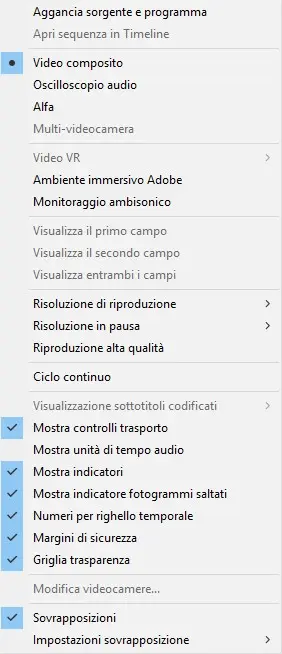 Menu impostazioni monitor di Adobe Premiere