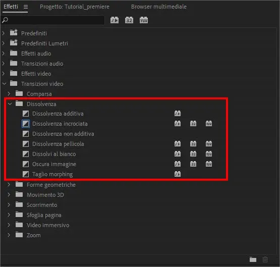 Tipologie di dissolvenze video presenti di default in Adobe Premiere 2019 Tipologie di dissolvenze video presenti di default in Adobe Premiere 2019
