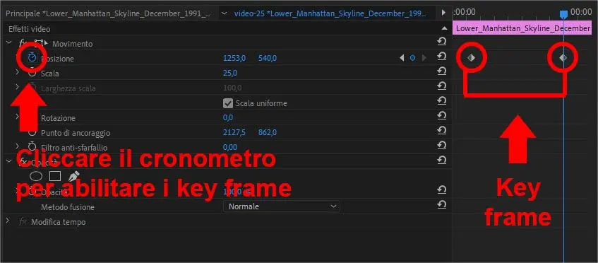 Key Frame (fotogrammi chiave) in Adobe Premiere 2019
