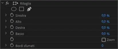 Parametri modificabili nell'effetto Ritaglia di Adobe Premiere