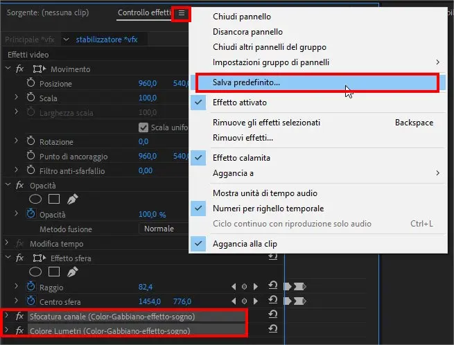 Come salvare, esportare, importare effetti predefiniti in Adobe Premiere 2019