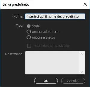 Finestra di dialogo - salva effetto predefinito in Adobe Premiere 2019