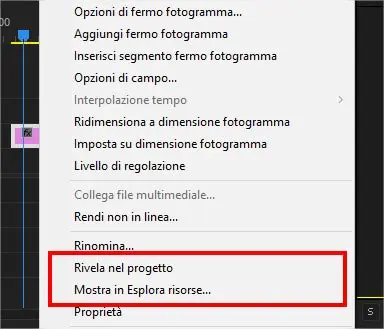 Adobe Premiere: rivela nel progetto e imposta in esplora risorse
