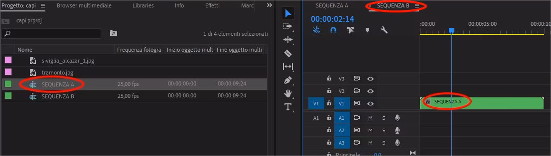 Come nidificare una sequenza in Adobe Premiere 2019 (nesting di una sequenza in altra sequenza)