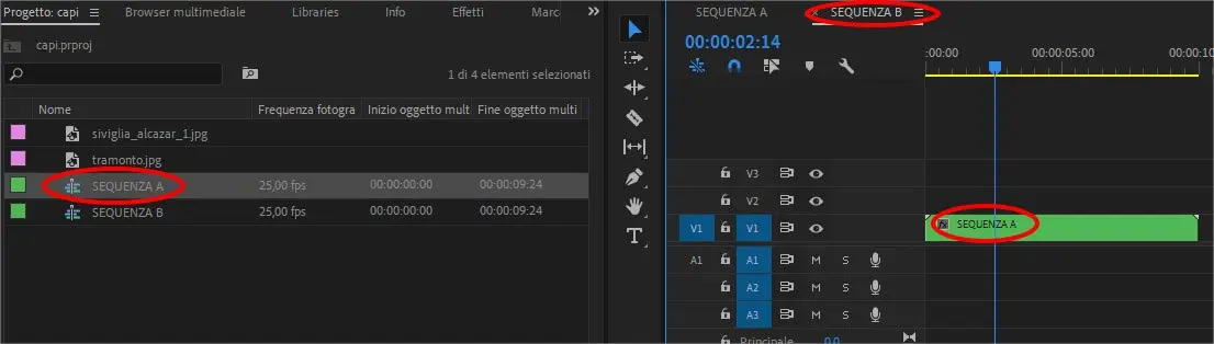 Come nidificare una sequenza in Adobe Premiere 2019 (nesting di una sequenza in altra sequenza)