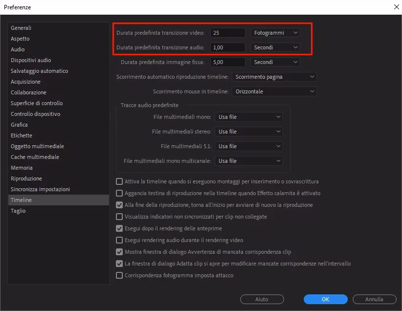 Come modificare la durata predefinita di una transizione audio o video in Adobe Premiere Pro 2019