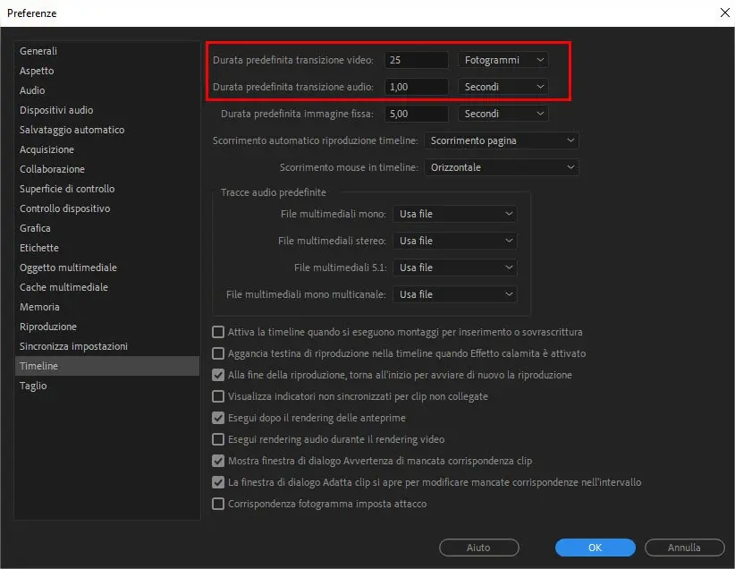 Come modificare la durata predefinita di una transizione audio o video in Adobe Premiere Pro 2019