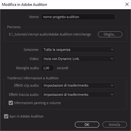 Integrazione fra Premiere Pro e Audition: parametri esportazione