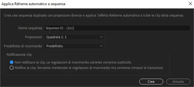 Applica Reframe Automatico a sequenza