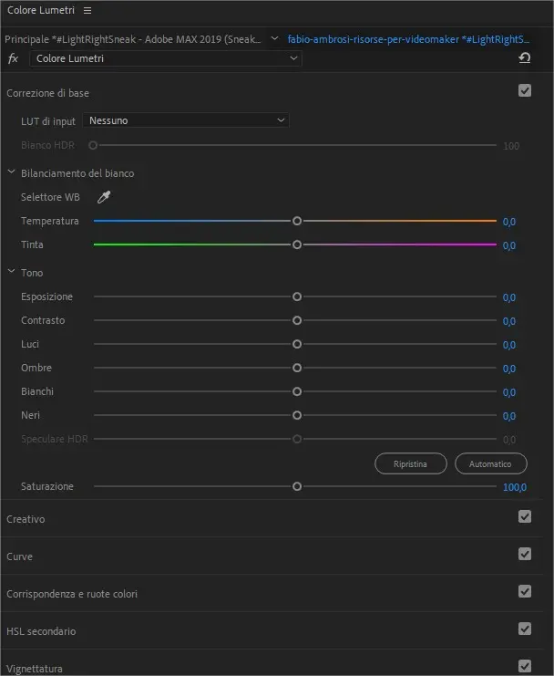 Il pannello lumetri color di Adoe Premiere Pro