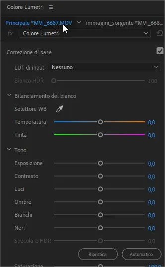 Pannello Colore Lumetri: modificare la color correction alle immagini sorgente