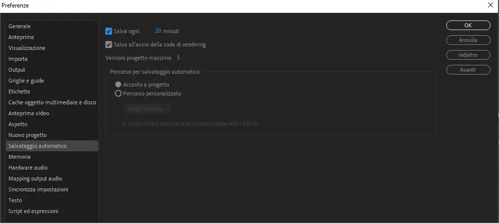 Preferenze salvataggio automatico progetto After Effects