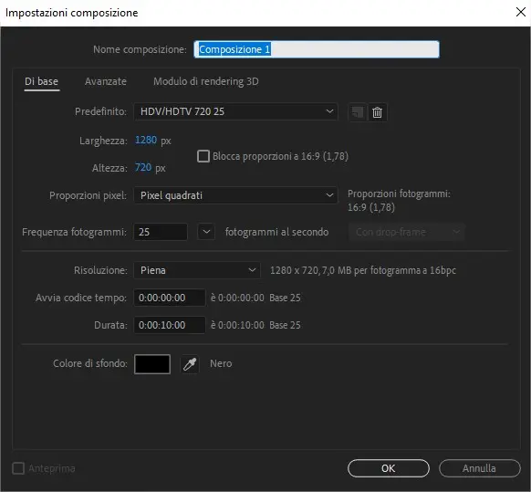 Proprietà e valori da impostare quando si crea una nuova composizione in After Effects