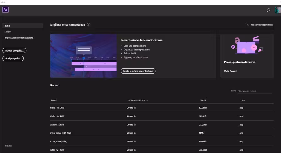 Come aprire un progetto After Effects