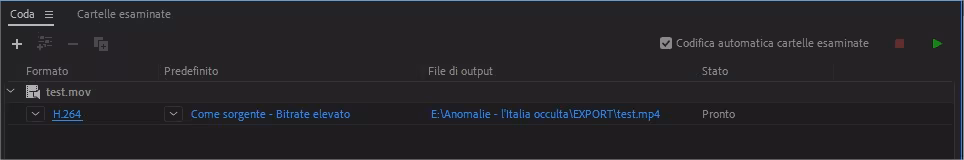 Adobe Media Encoder: la coda di rendering
