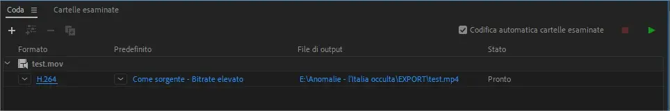 Adobe Media Encoder: la coda di rendering