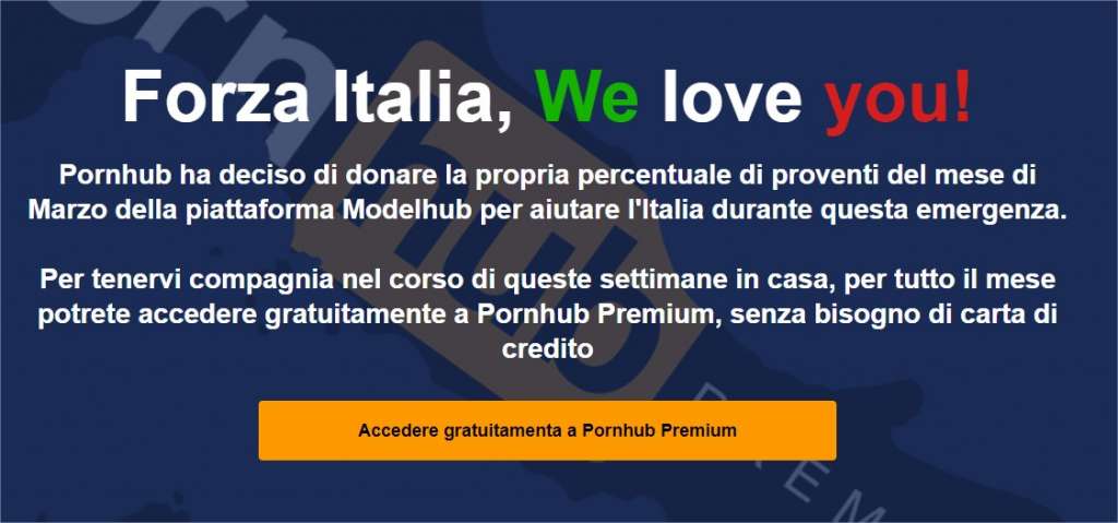 Guaradre Pornhub gratis per 30 giorni.. L'iniziativa del portale di film per adulti a sostegno dell'Italia