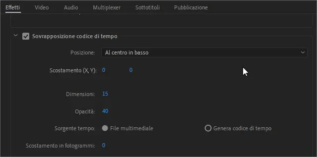 Come inserire il timecode quando si esportano contenuti con Adobe Premiere Pro