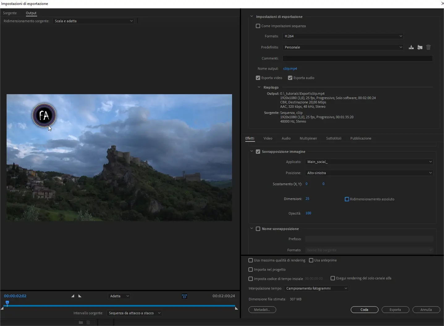 Come inserire un'immagine in sovraimpressione quando si esporta un video con Adobe Premiere Pro