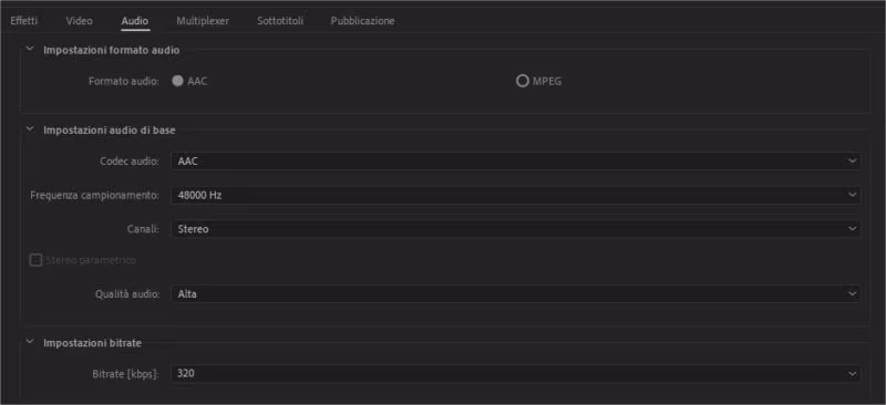Modificare codec audio durante l'export con Adobe Premiere Pro