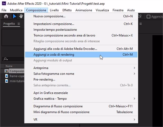 Esportare da Adobe After Effects: aggiungi a coda di rendering