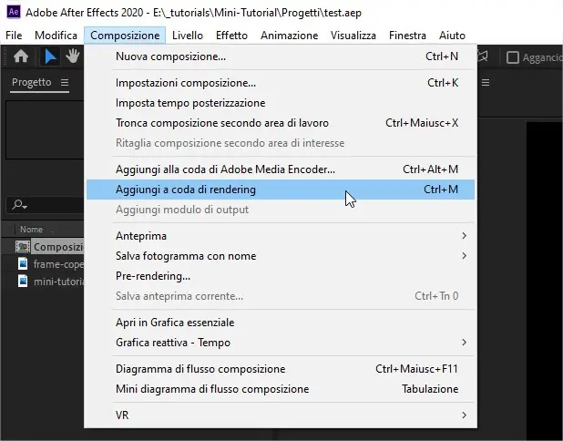 Esportare da Adobe After Effects: aggiungi a coda di rendering