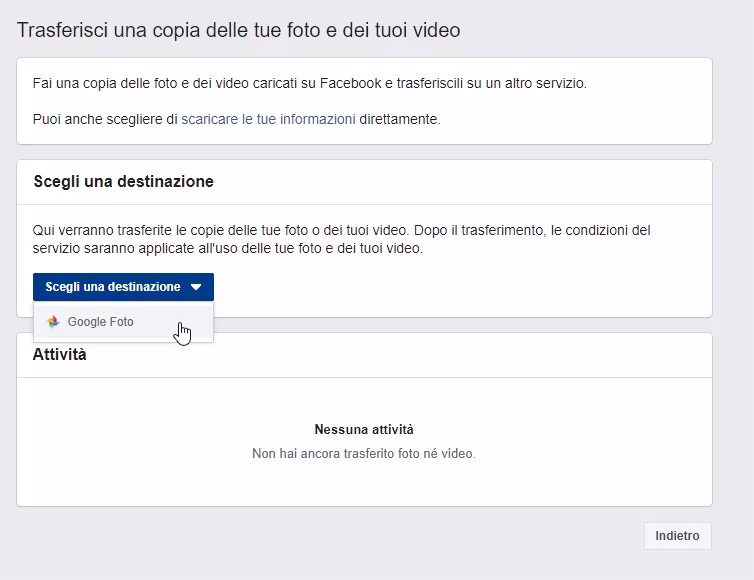 Lo strumento di Facebook per spostare foto e video su Google Foto