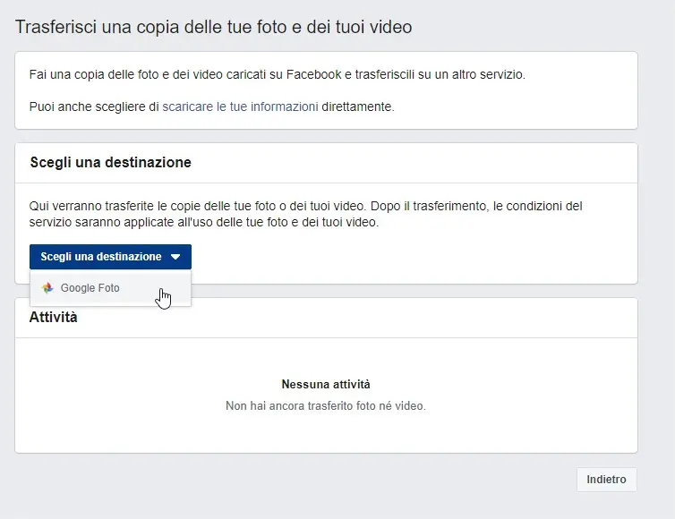 Lo strumento di Facebook per spostare foto e video su Google Foto